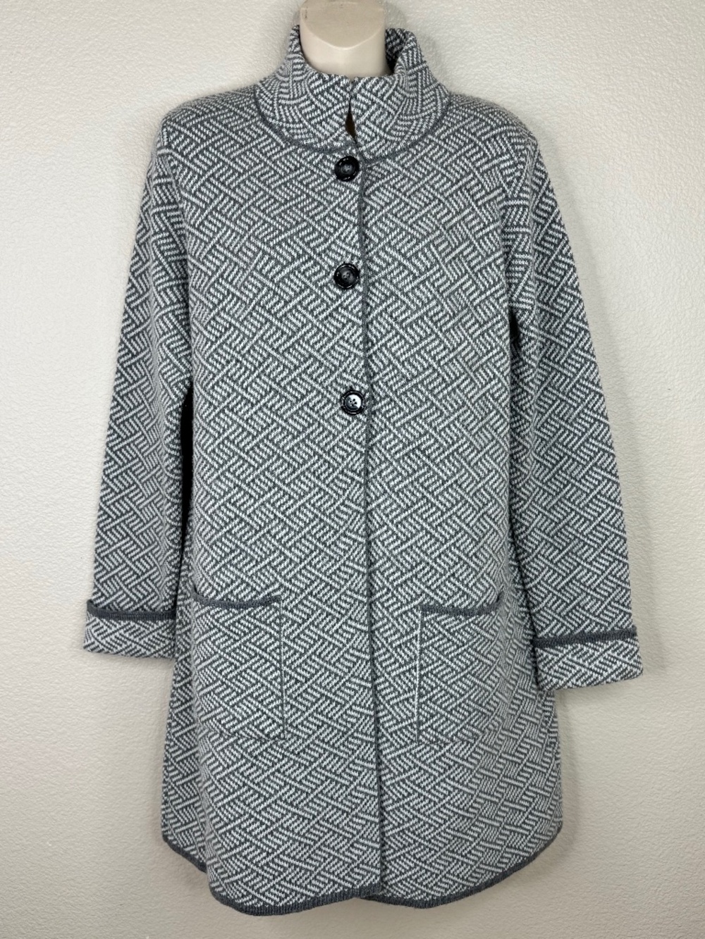 Gio & Gio Women's L Gray Wool Blend Long Cardigan Geometric Made in Italy